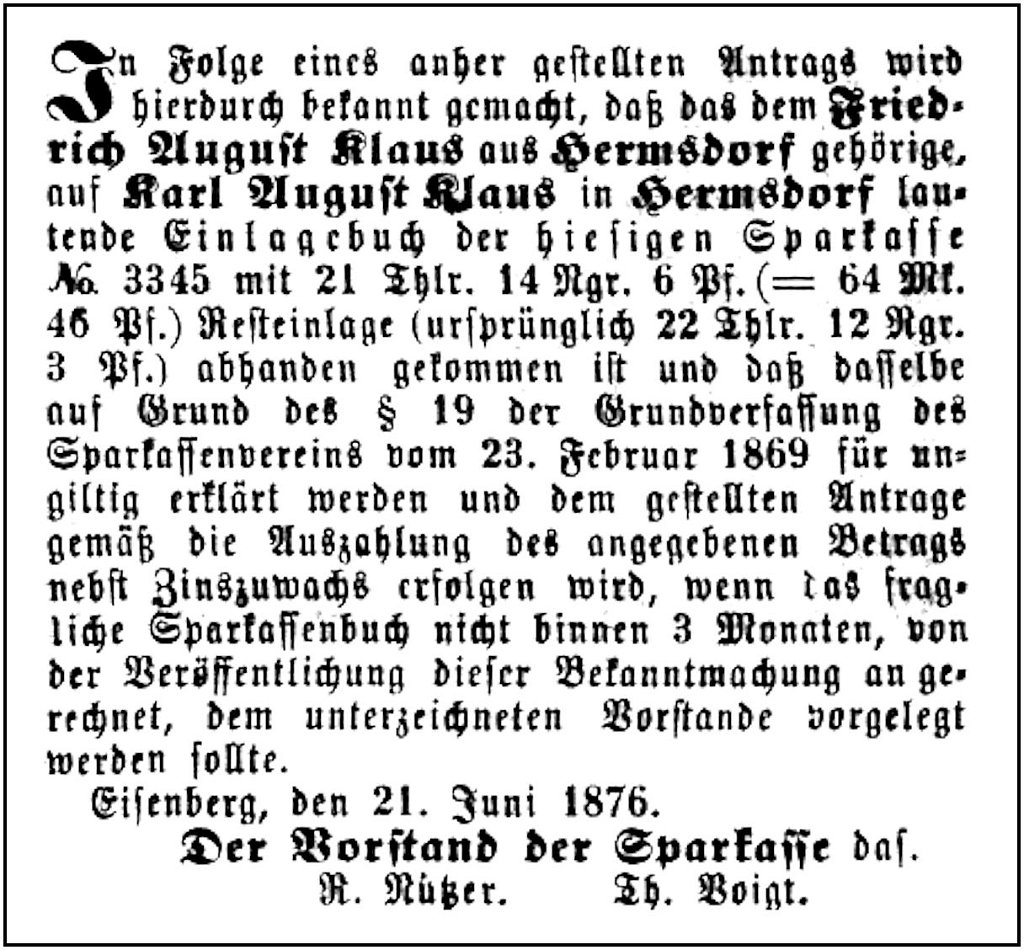 1876-06-21 Hdf Sparkasse Buch Klaus